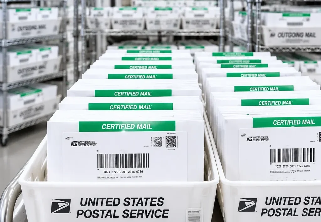 Certified Mail envelopes organized in USPS outgoing mail trays