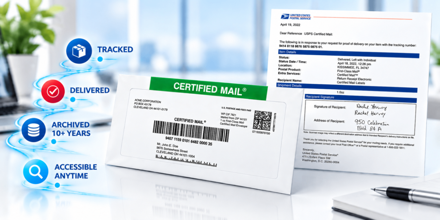 USPS Certified Mail envelope with proof of delivery and tracking, archived for 10+ years